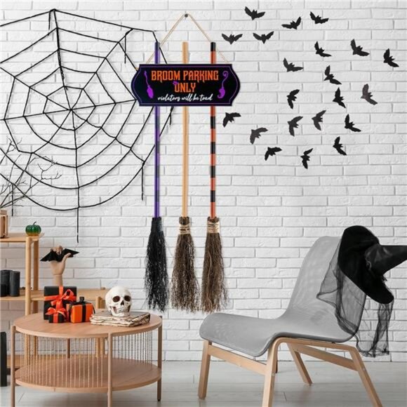 Porch Halloween Decorations - Halloween Broom Parking Sign with 3 Wooden Witches - Picture 6 of 7